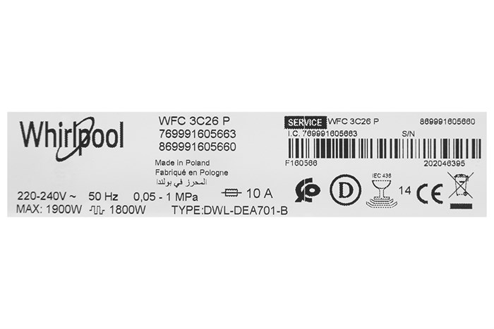 Máy rửa chén độc lập Whirlpool WFC 3C26P Màu Trắng