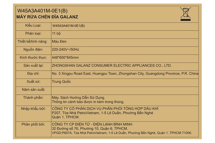 Máy rửa chén độc lập Galanz W45A3A401M-0E1(B) Màu Đen