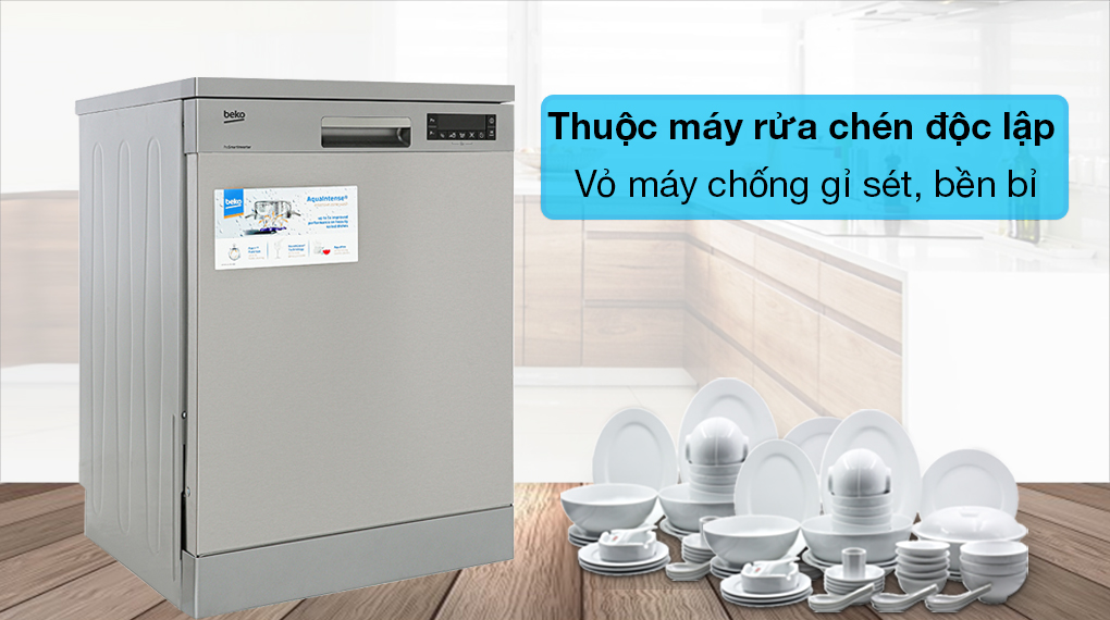 Máy rửa bát độc lập có sấy Beko DFN28424X - Thuộc kiểu máy rửa bát độc lập, vỏ máy bằng thép không gỉ chống gỉ và độ bền tốt 