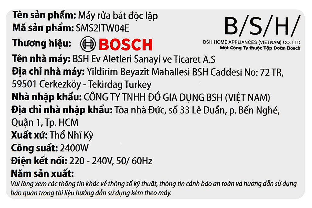 Máy rửa chén độc lập Bosch SMS2ITW04E TGB Màu Trắng