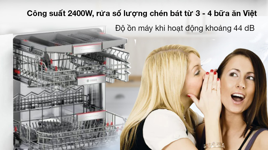 Máy rửa chén độc lập Bosch SMS4EVI14E - Công suất 2400W, rửa được chén bát dùng cho 3 - 4 bữa ăn Việt và độ ồn khoảng 44 dB
