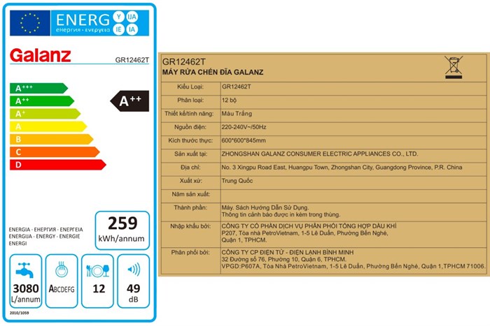 Máy rửa chén độc lập Galanz GR12462T Màu Trắng