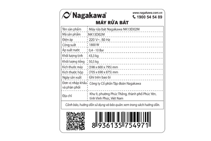 Máy rửa chén độc lập Nagakawa NK13D02M Màu Đen