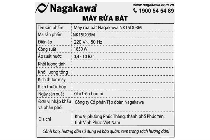 Máy rửa chén độc lập Nagakawa NK15D03M Màu Bạc