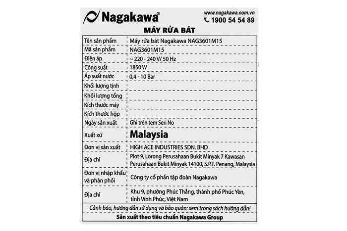 Máy rửa chén độc lập Nagakawa NAG3601M15 Màu Bạc