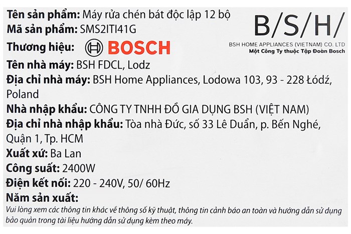 Máy rửa chén độc lập Bosch SMS2ITI41G Màu Bạc Inox