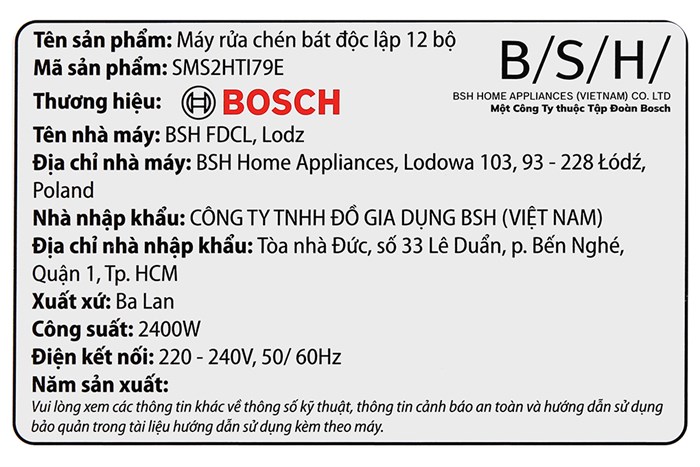 Máy rửa chén độc lập Bosch SMS2HTI79E Màu Bạc