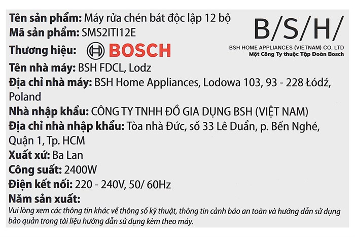 Máy rửa chén độc lập Bosch SMS2ITI12E Màu Bạc