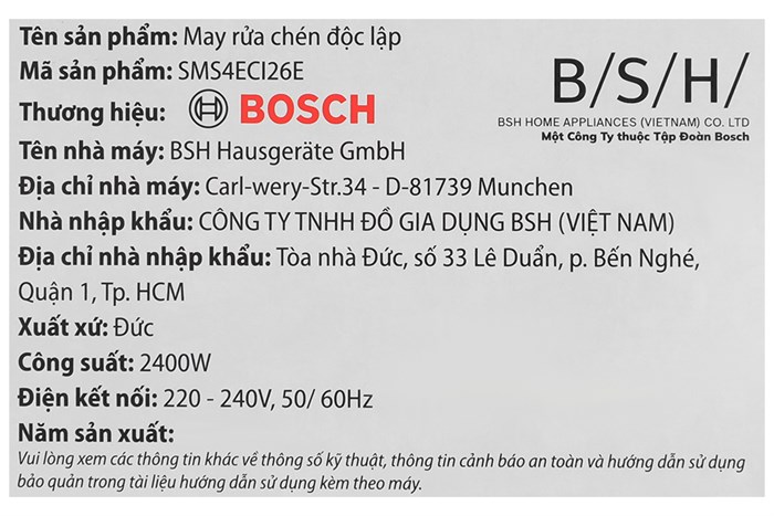 Máy rửa chén độc lập Bosch SMS4ECI26E Màu Bạc