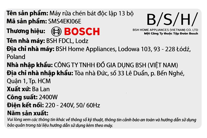 Máy rửa chén độc lập Bosch SMS4EKI06E Màu Bạc
