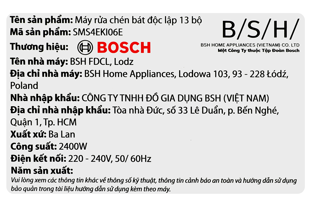Máy rửa chén độc lập Bosch SMS4EKI06E Màu Bạc