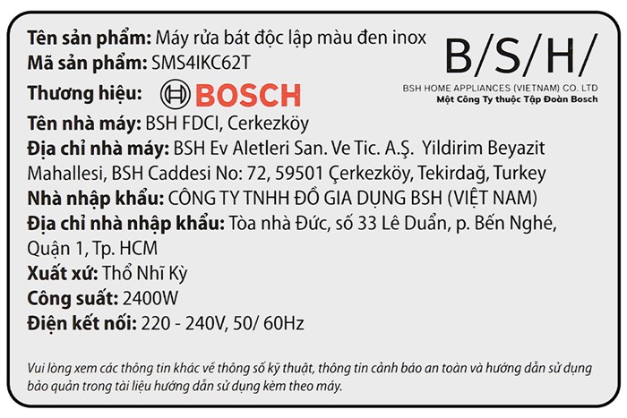 Máy rửa bát độc lập Bosch SMS4IKC62T Màu Đen