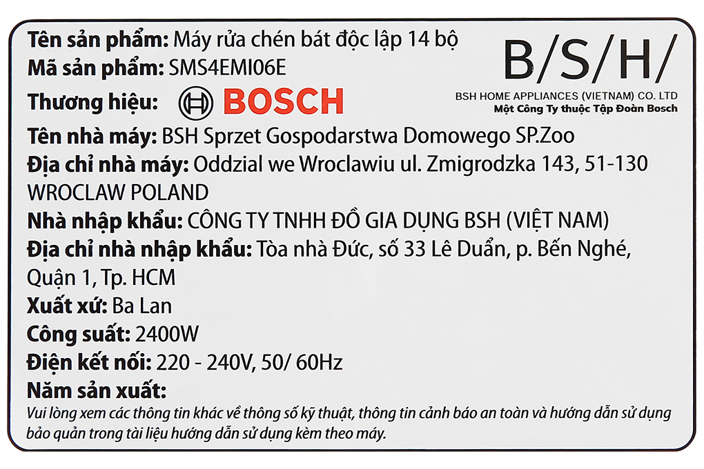 Máy rửa chén độc lập Bosch SMS4EMI06E Màu Bạc