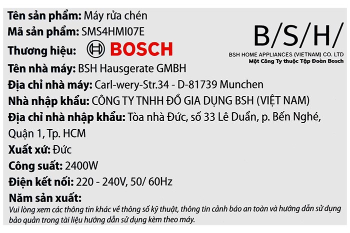 Máy rửa chén độc lập Bosch SMS4HMI07E Màu Bạc