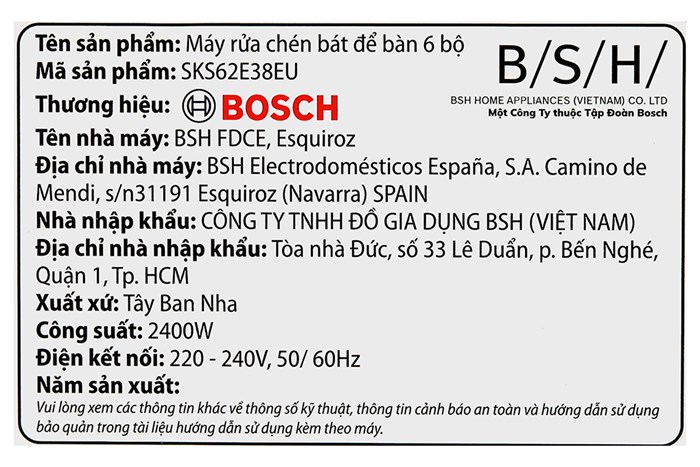 Máy rửa chén mini Bosch SKS62E38EU Màu Bạc
