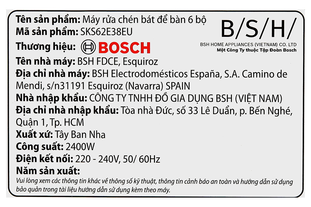 Máy rửa chén mini Bosch SKS62E38EU Màu Bạc