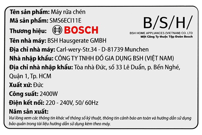 Máy rửa chén độc lập Bosch SMS6ECI11E Màu Bạc