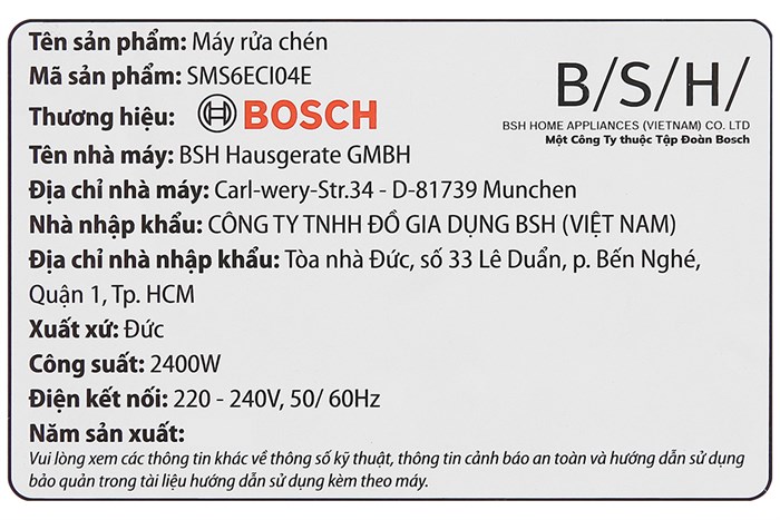 Máy rửa chén độc lập Bosch SMS6ECI04E Màu Bạc
