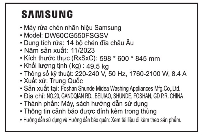 Máy rửa chén độc lập Samsung DW60CG550FSGSV Màu Đen