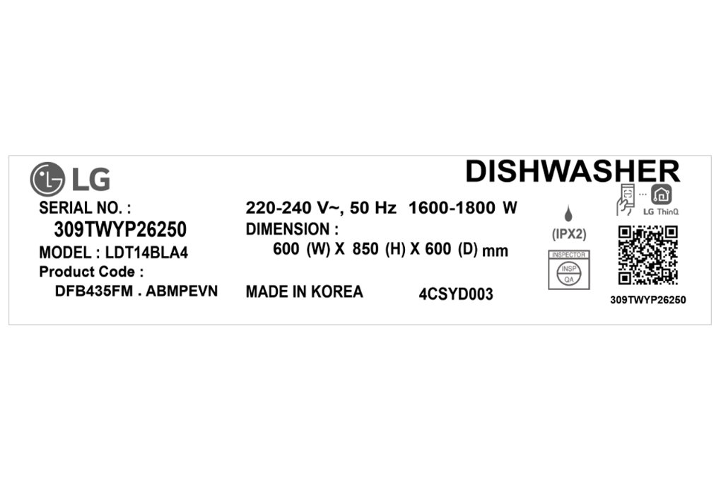 Máy rửa chén độc lập LG LDT14BLA4 Màu Đen
