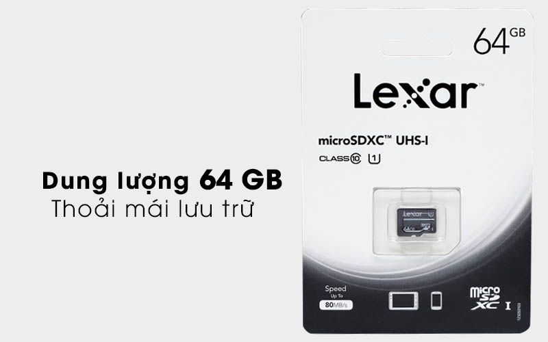 Thẻ nhớ MicroSD 64 GB Lexar class 10 UHS-I có dung lương bộ nhớ lớn