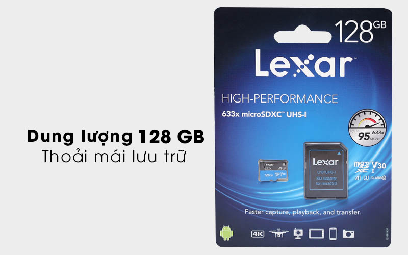 Thẻ nhớ MicroSD 128 GB Lexar class 10 UHS-I kèm Adapter có dung lượng bộ nhớ lớn