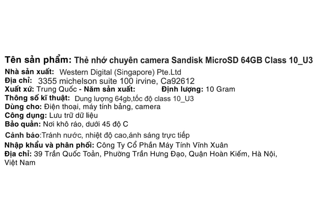 Thẻ nhớ chuyên Camera Sandisk MicroSD 64GB class 10_U3 Màu Trắng