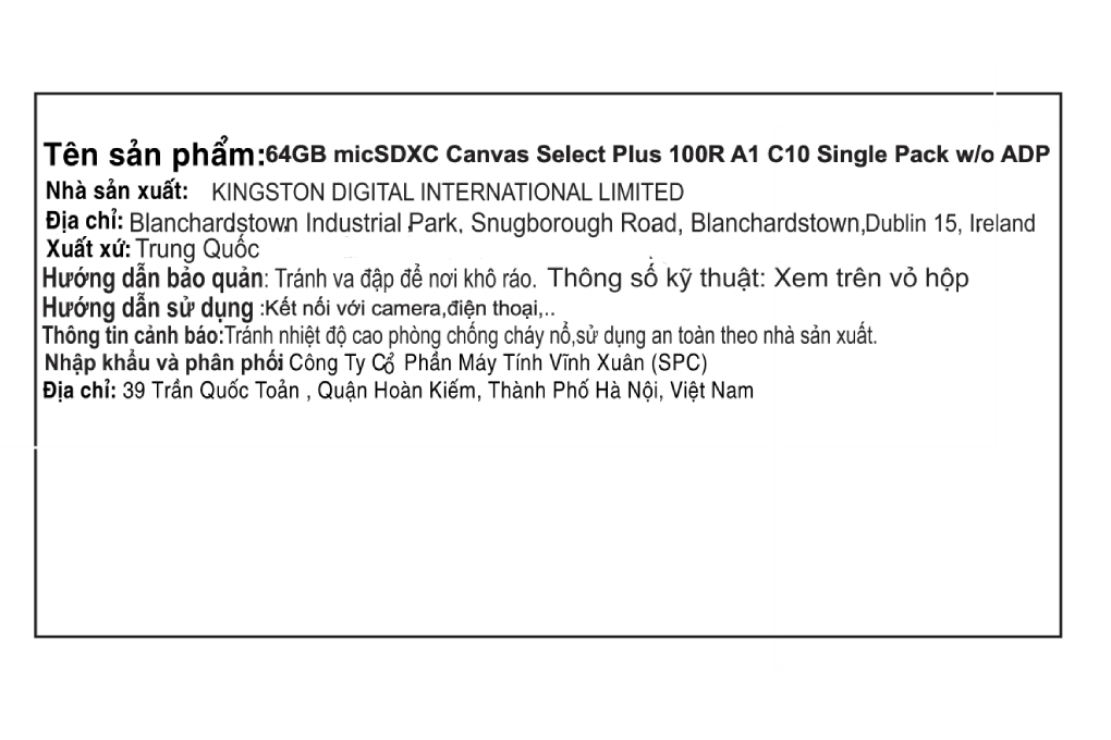 Thẻ nhớ Kingston MicroSD 64GB class 10_U1 Màu Đen