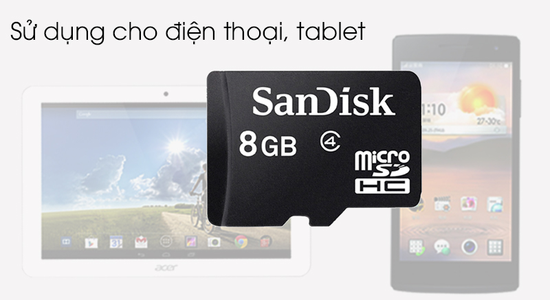 Thẻ nhớ MicroSD 8GB Sandisk Class 4 - Sử dụng cho điện thoại, máy tính bảng