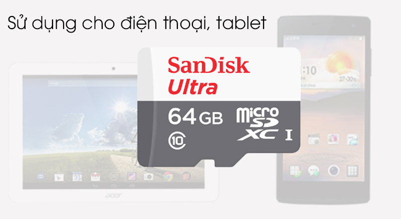Thẻ nhớ MicroSD 64GB Sandisk Class 10 - Sử dụng cho điện thoại, máy tính bảng