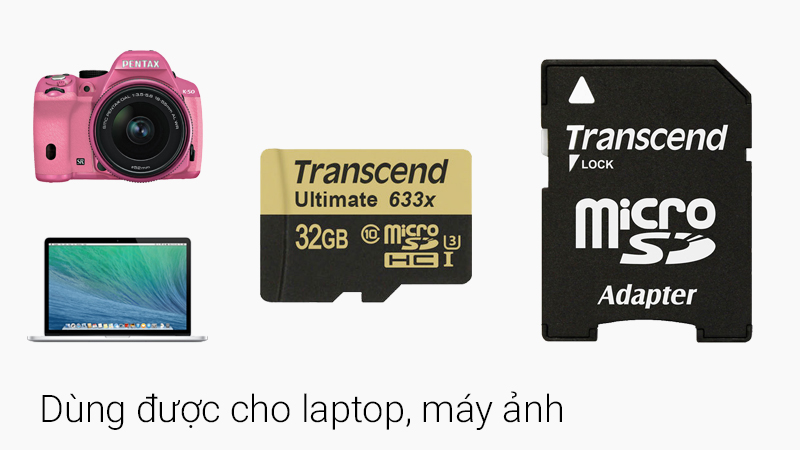 Thẻ nhớ MicroSD 32GB Transcend - Có thể gắn thẻ nhớ vào adapter để sử dụng cho nhiều thiết bị khác Thẻ nhớ MicroSD 32GB Transcend - Có thể gắn thẻ nhớ vào adapter để sử dụng cho nhiều thiết bị khác