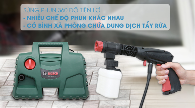 Trang bị súng phun xoay 360 độ, bình chứa xà phòng - Máy phun xịt rửa áp lực cao Bosch Easy AQT 100 