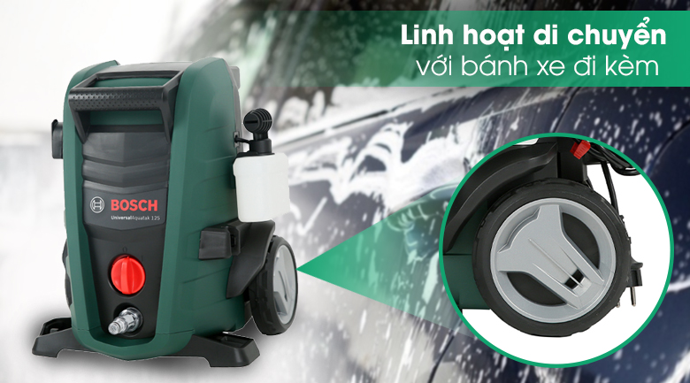 Máy phun xịt rửa áp lực cao Bosch Universal AQT 125 1500W - Bánh xe đi kèm linh loạt di chuyển