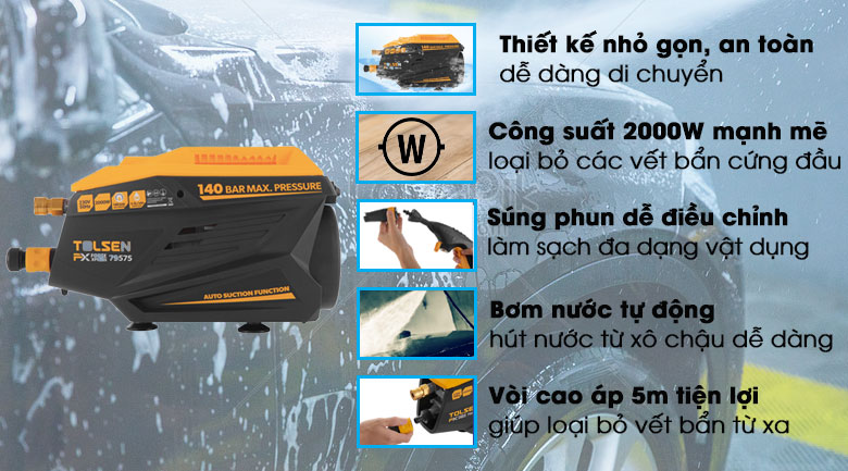 Máy phun xịt rửa áp lực cao Tolsen 79575 2000W