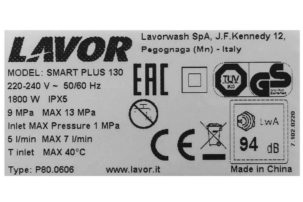 Siêu thị máy xịt rửa áp lực cao Lavor Smart Plus 130 1800W