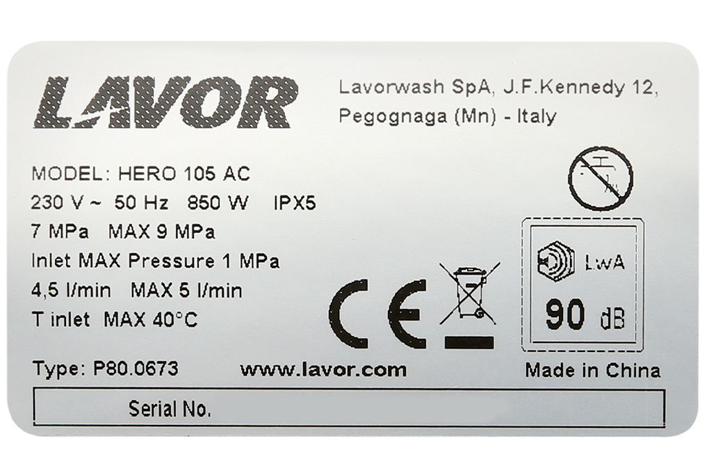 Siêu thị máy xịt rửa áp lực cao Lavor Hero 105AC 850W