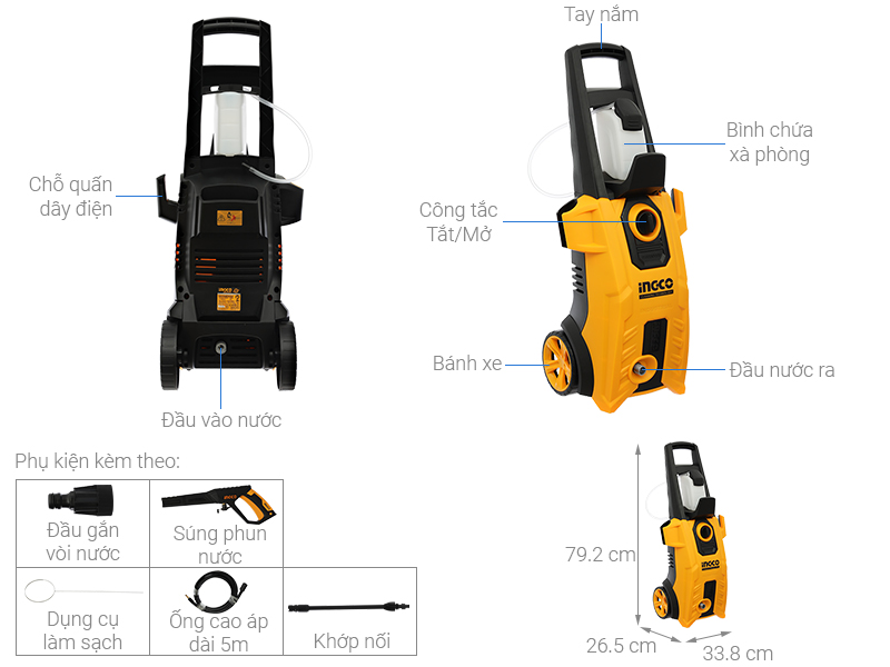 Máy phun xịt rửa áp lực cao Ingco HPWR18008 1800W