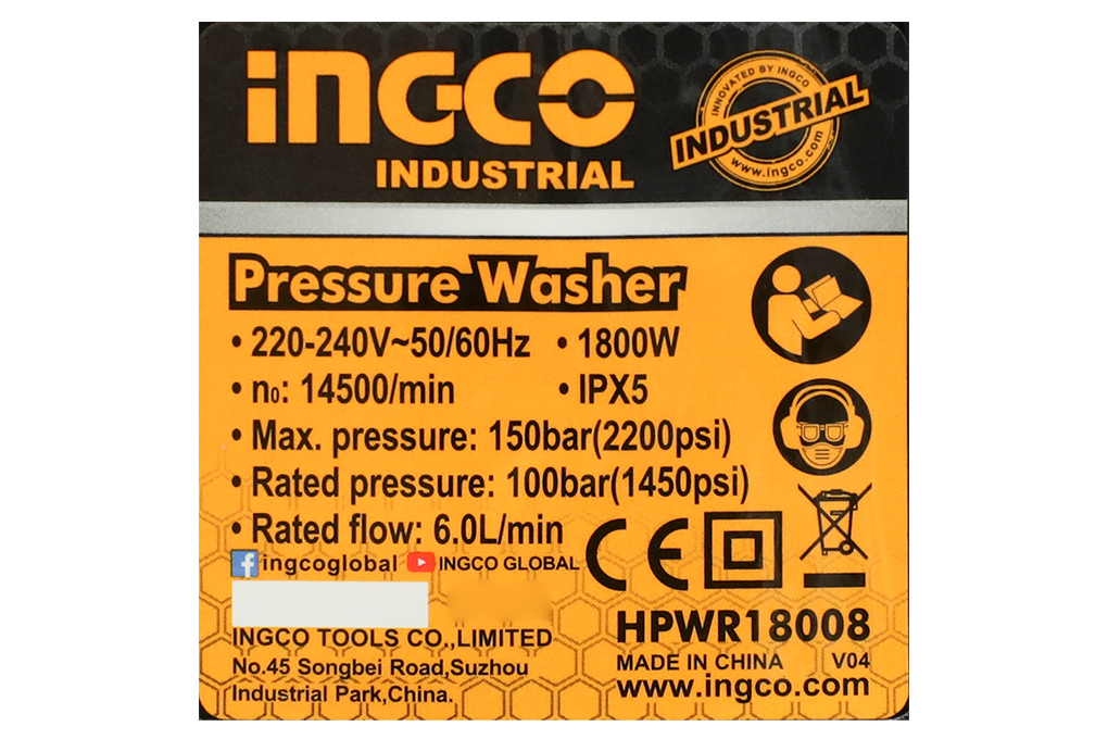 Máy phun xịt rửa áp lực cao Ingco HPWR18008 1800W Màu Đen - Vàng