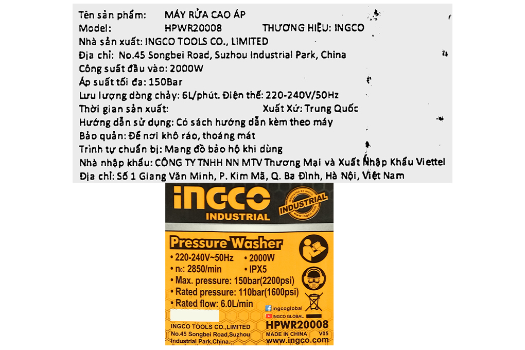 Máy phun xịt rửa áp lực cao Ingco HPWR20008 2000W Màu Đen - Vàng