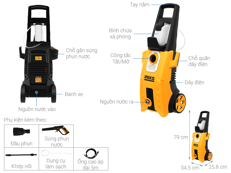 Máy phun xịt rửa áp lực cao Ingco HPWR20008 2000W