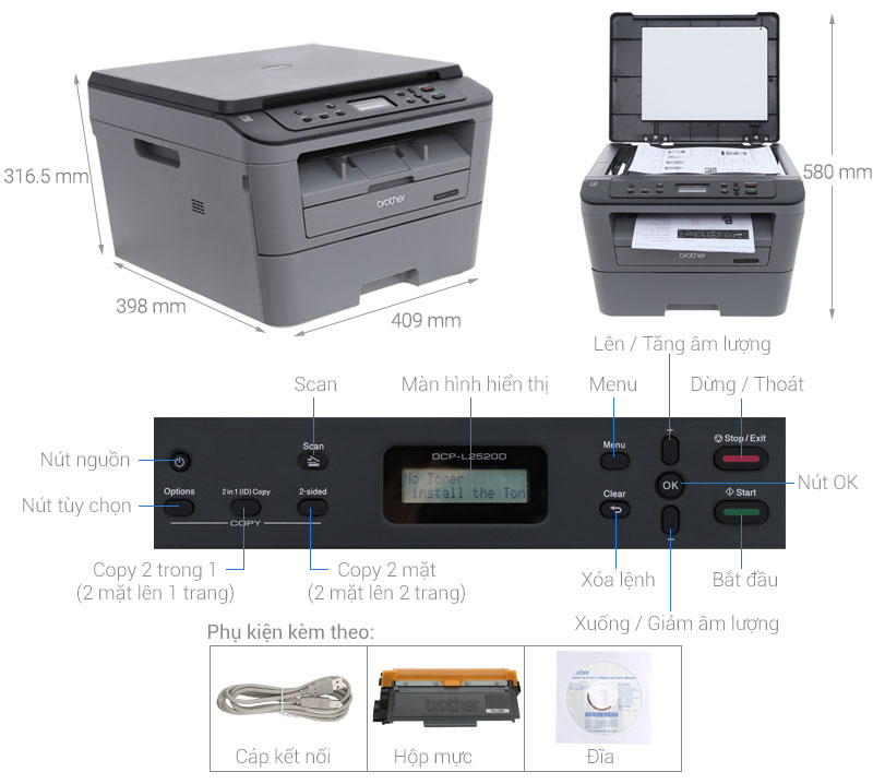 Máy in laser trắng đen đa năng Brother DCP-L2520D