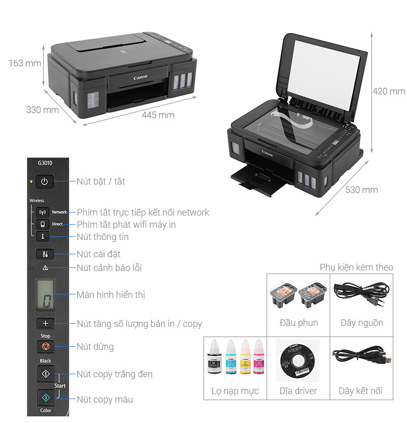 Máy In Phun Màu Canon đa năng in scan copy PIXMA G3010 Wifi
