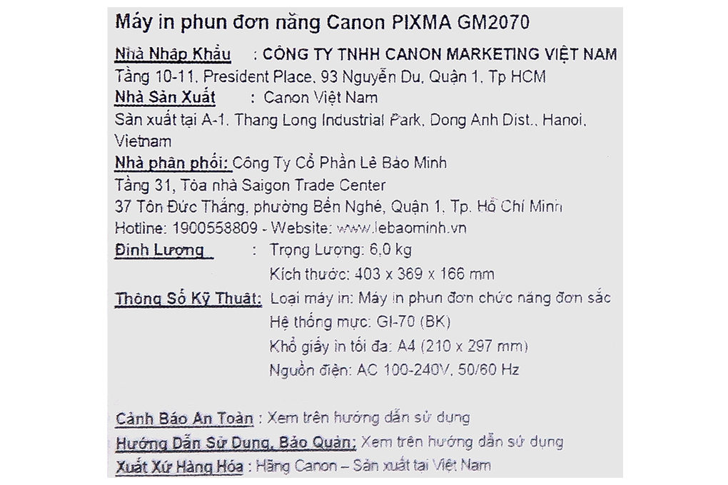 Máy In Phun Trắng Đen Canon PIXMA GM2070 Wifi giá rẻ
