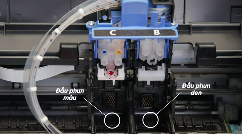 Máy in phun màu đơn năng Canon PIXMA G1010 - Lắp đặt đầu phun màu và đầu phun đen vào vị trí như trong hình