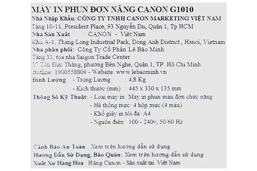Máy In phun màu đơn năng Canon PIXMA G1010 Màu Đen