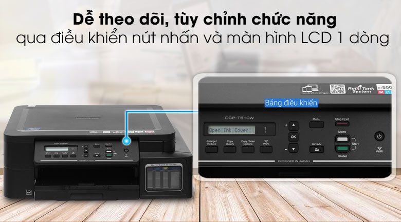 Máy in phun màu đa năng In-Scan-Copy Brother DCP-T510W - Máy in Wifi điều khiển nút nhấn và màn hình LCD 1 dòng