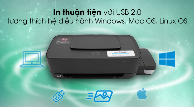 Máy in phun màu HP Ink Tank 115 (2LB19A) - Hỗ trợ cổng kết nối tốc độ cao USB 2.0