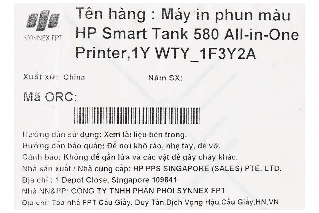 Máy in phun màu đa năng HP Smart Tank 580 Wifi (1F3Y2A) Màu Trắng