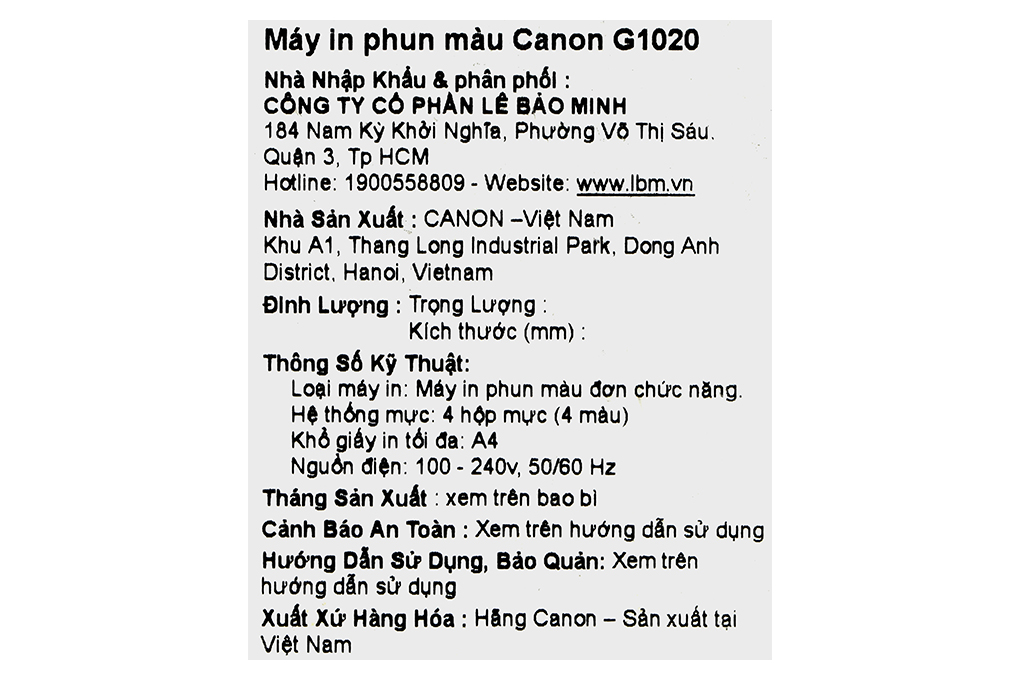 Máy in phun màu đơn năng Canon PIXMA G1020 Màu Đen
