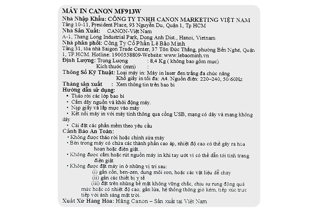 Máy in laser trắng đen đa năng Canon MF913W Wifi Màu Đen